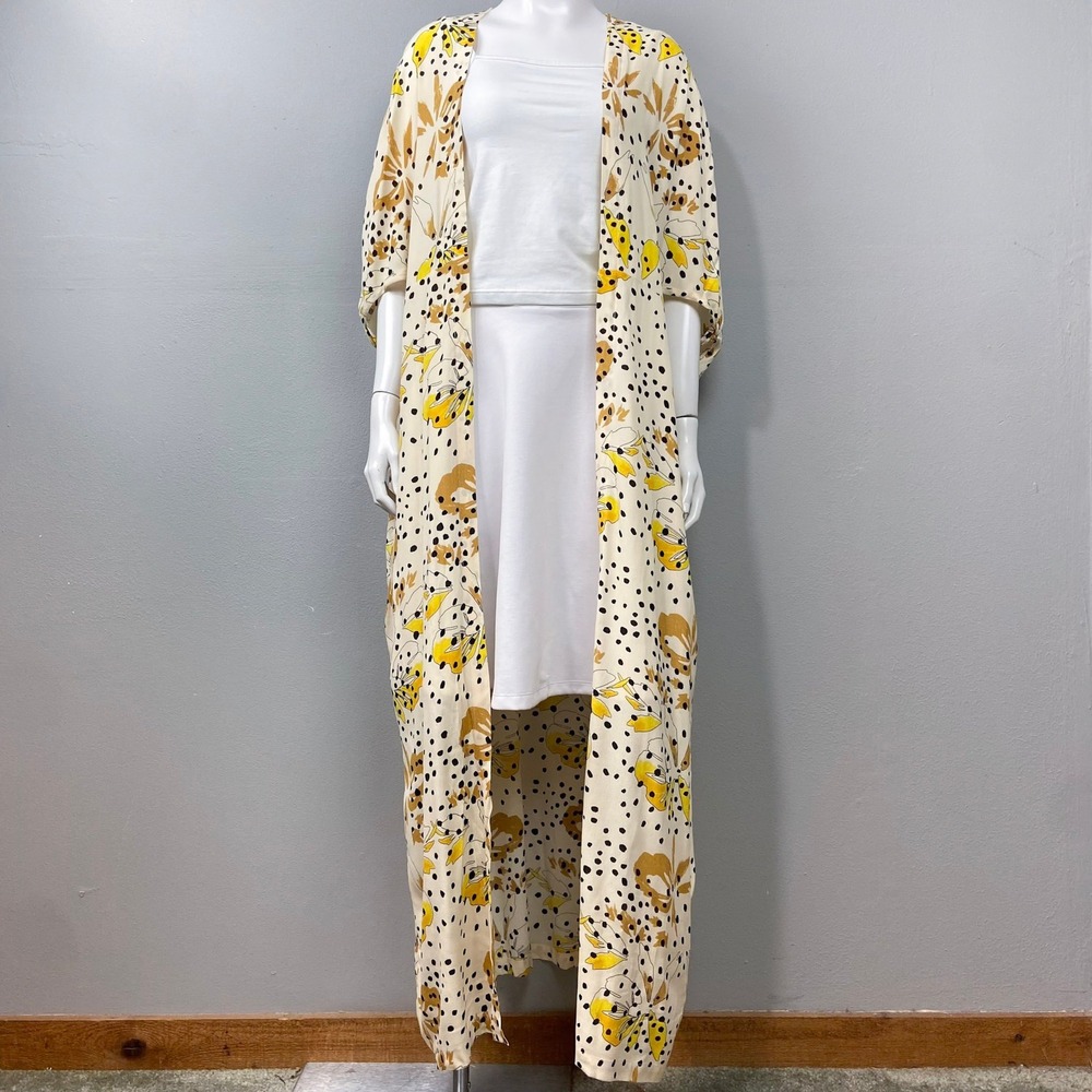 Bel Kazan Kimono Duster Womens OS Yellow Floral Polka Dot Longline Open‎ Front